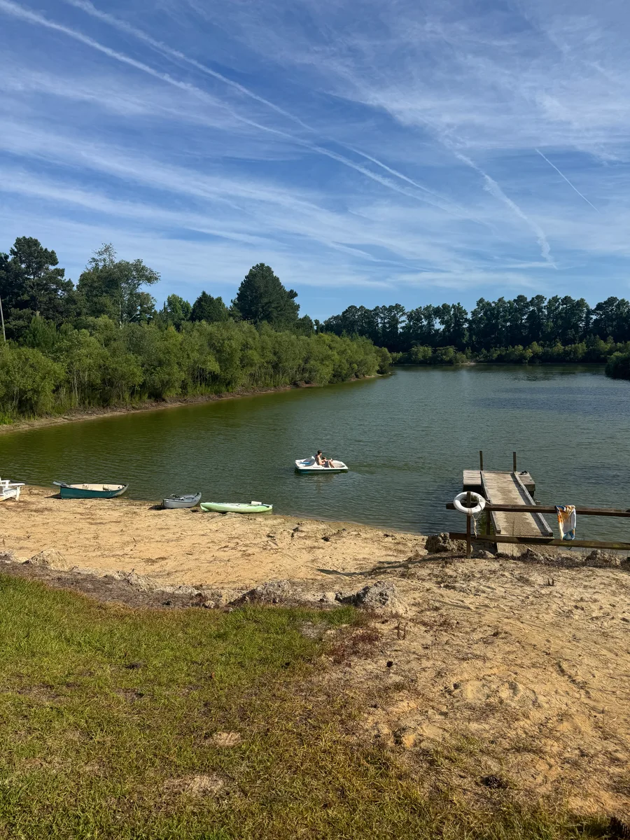 Sandy swim beach and boat launch on Lake Georgia